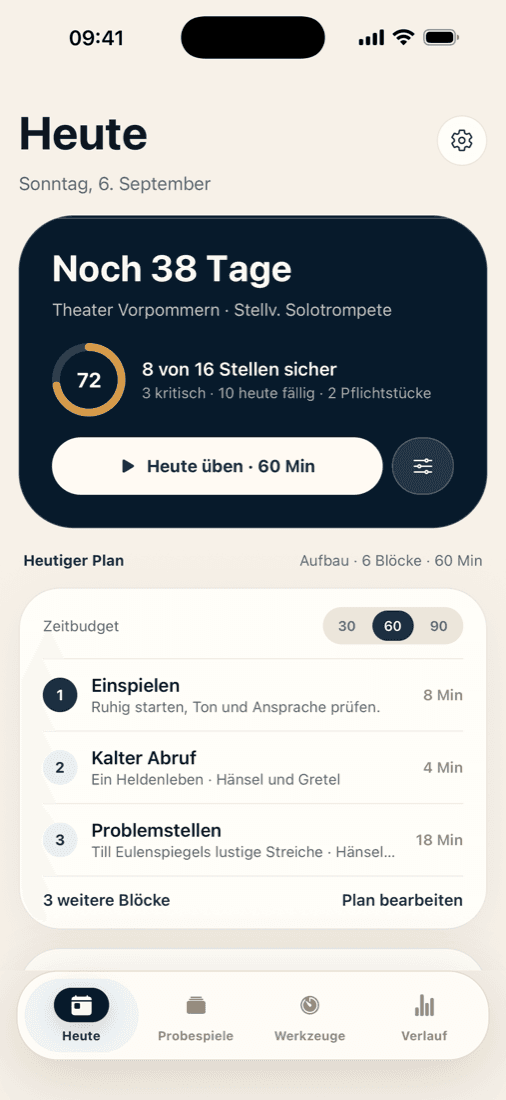 Heute-Ansicht mit Countdown und Tagesplan