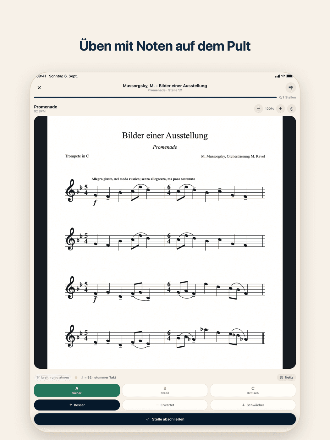 Übe-Runner auf dem iPad mit Noten auf dem Pult