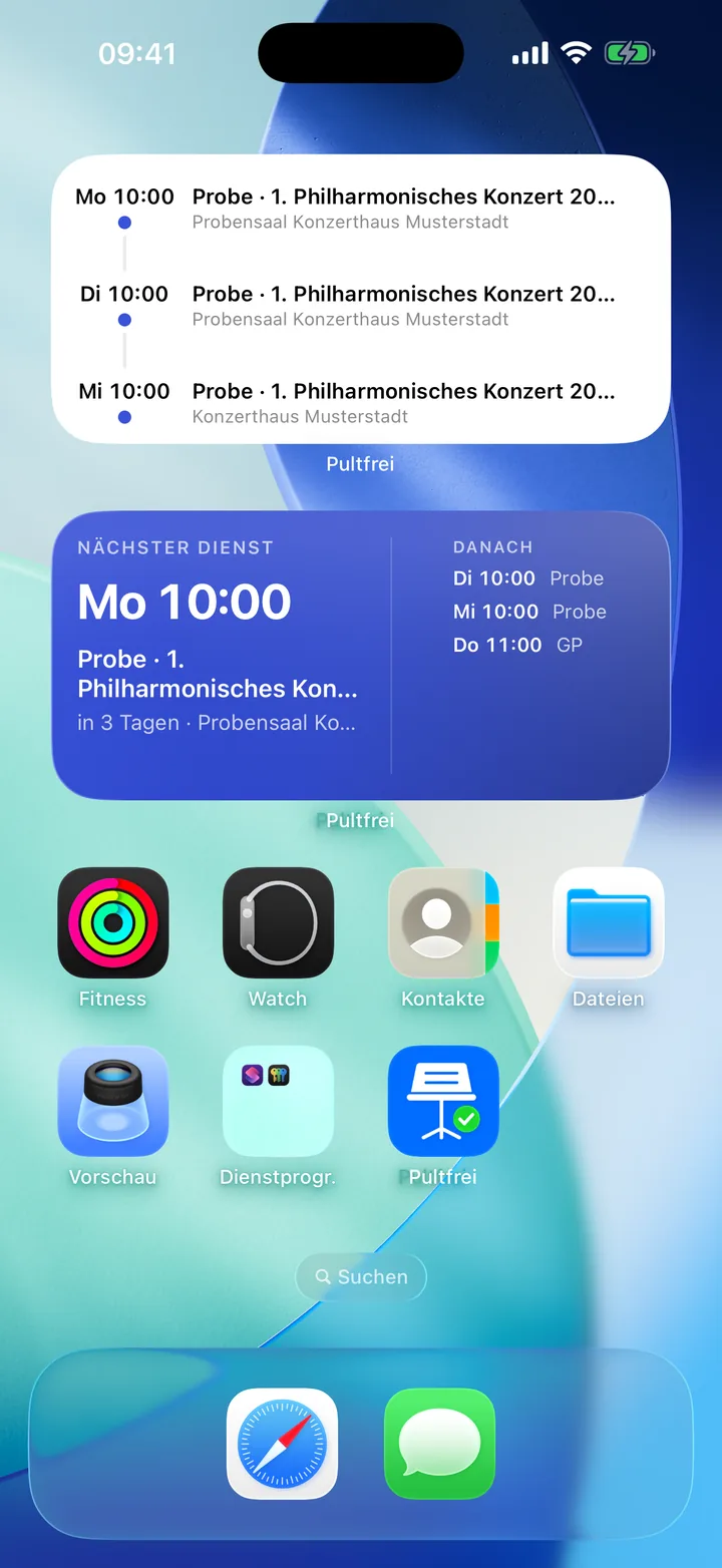 Homescreen mit dem Pultfrei-Widget: nächster Dienst und Dienstplan
