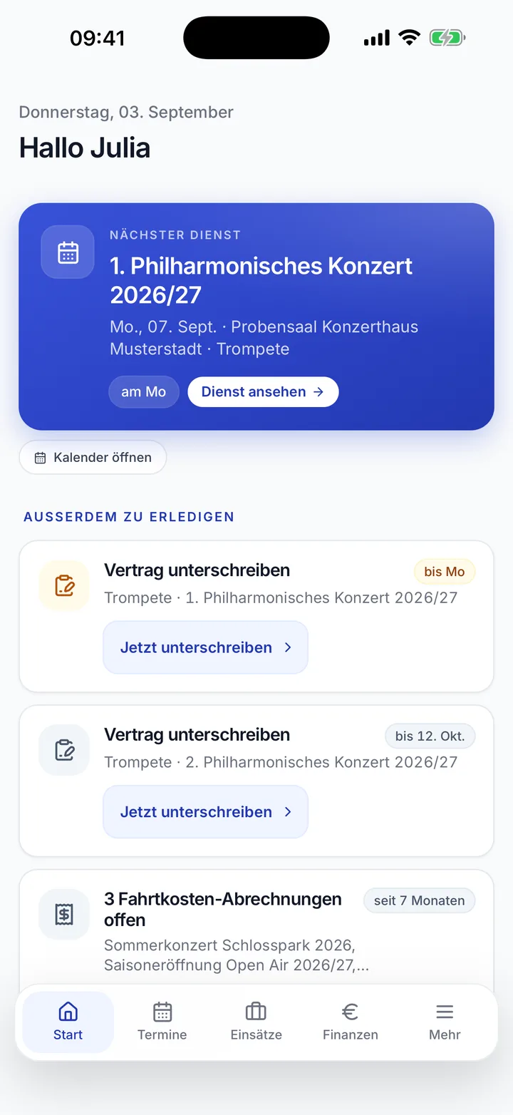 Startseite der Pultfrei-App mit dem nächsten Dienst und offenen Aufgaben