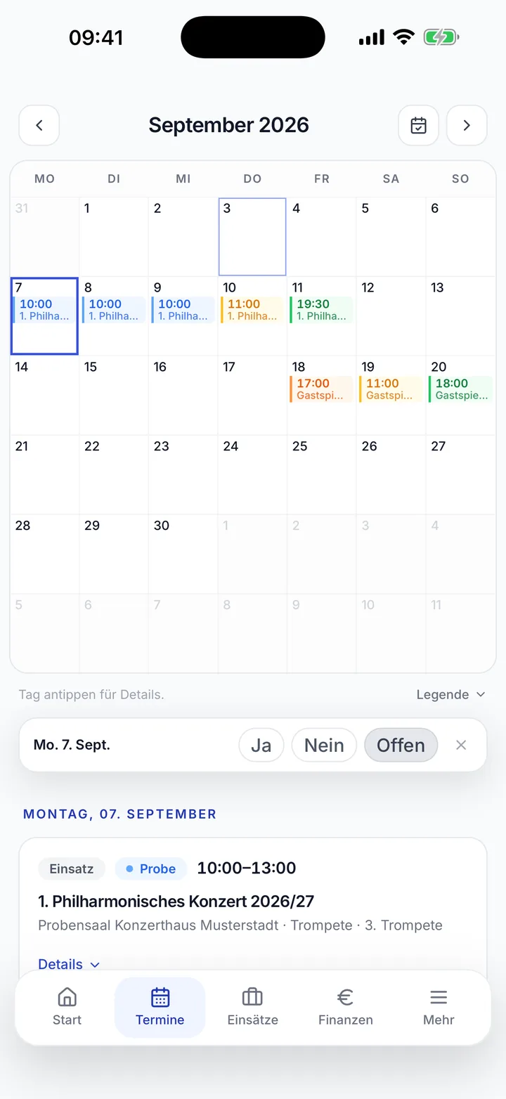 Monatskalender in der Pultfrei-App mit Diensten und gewähltem Tag