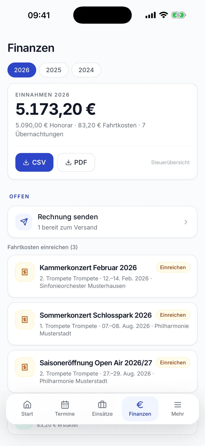 Finanzen in der Pultfrei-App: Einnahmen des Jahres, Export als CSV und PDF